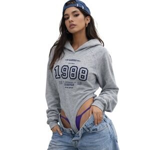 IAMSURE 1988‎ Graphic Bodysuit Hoodie Grey Heather Long Sleeve Cropped Large